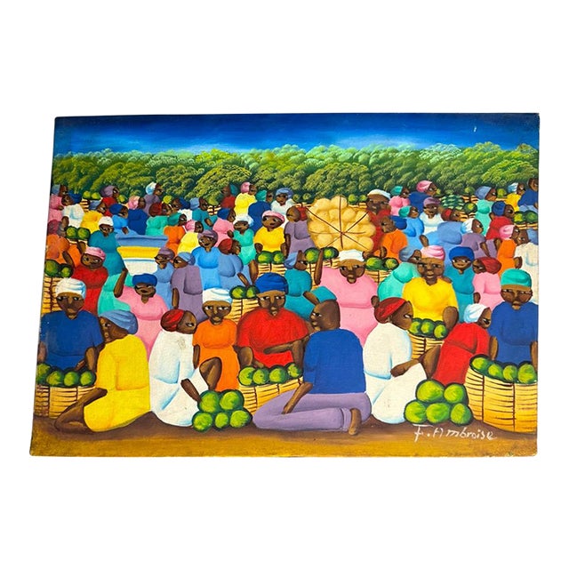 Vintage Haitian Folk Art Market Scene Oil Painting Signed F. Ambroise For Sale