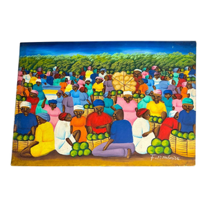 Vintage Haitian Folk Art Market Scene Oil Painting Signed F. Ambroise