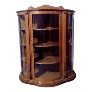 Antique Golden Oak Curved Glass China Cabinet - Late Victorian-Edwardian Era (1890-1915)