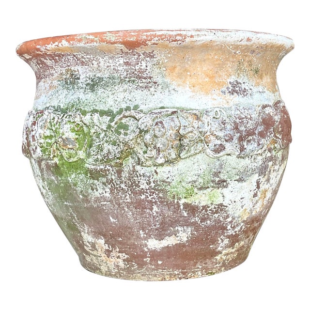 Vintage Boho Patinated Floral Band Terra Cotta Planter For Sale