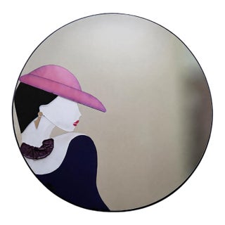 1990 David Marshall 36-Inch Round Art Deco Revival Woman in Pink Hat Wall Mirror For Sale
