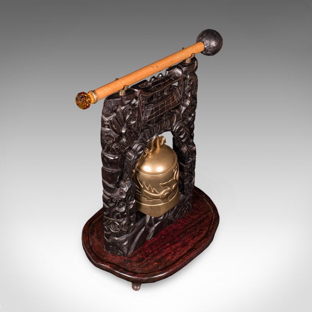 Wood Antique Tea Ceremony Gong, Oriental, Carved Stand, Brass Bell, Edwardian, c.1910 For Sale - Image 7 of 12