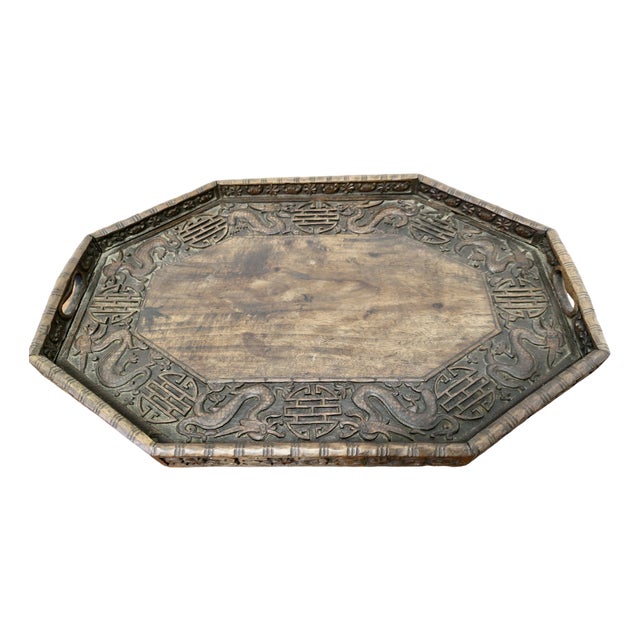 Oriental Folk Art Carved Dragon Tray, 1890s For Sale