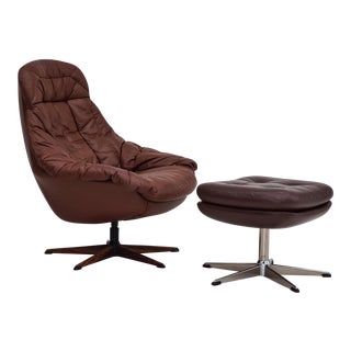 1970s H.W. Klein Leather Danish Swivel Armchair For Sale