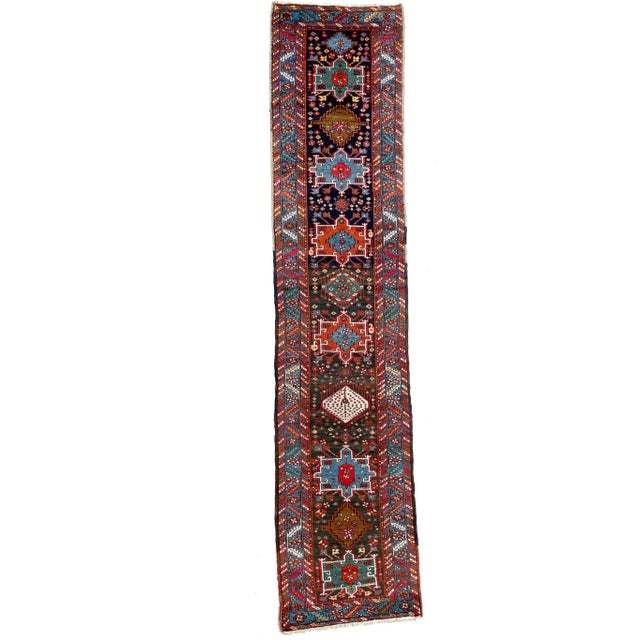 Antique Northwest Runner in Smokey Blackish-Blue Ground with Teals, Blues, Greens 3 x 13.10 For Sale - Image 13 of 13