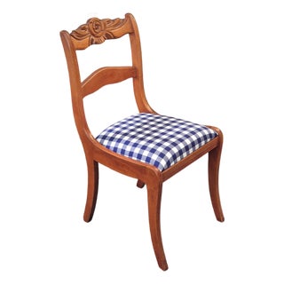 Early 20th Century Duncan Phyfe Style Rose Carved Mahogany Side Chair Blue Gingham For Sale