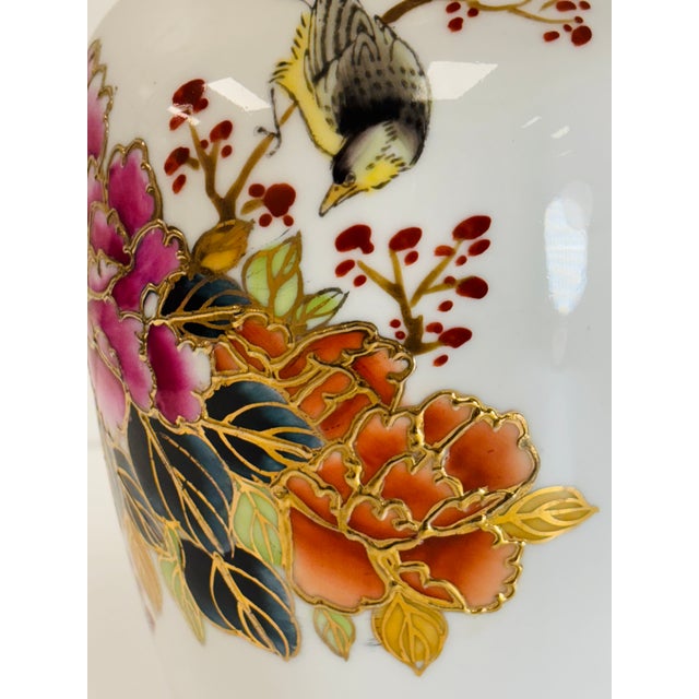 1980s Vintage Chinese Porcelain Vase With Handpainted Floral Design With Bird For Sale - Image 5 of 10