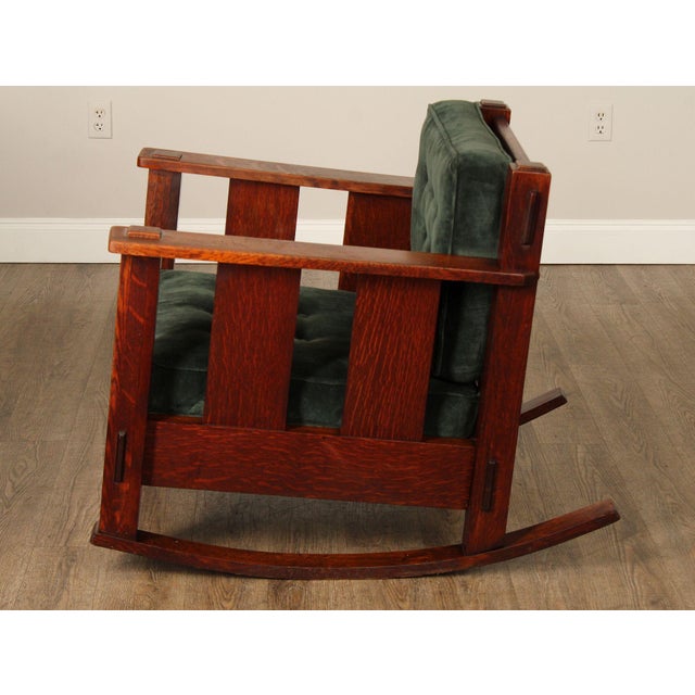 Stickley Brothers Stickley Brothers Antique Oak Arts & Crafts Rocking Chair With Green Upholstered Cushions For Sale - Image 4 of 18