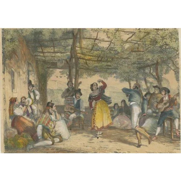 Antique print titled 'Peasants dancing Bolero'. Scene in a courtyard, with a couple of young peasants dancing under a...