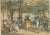 Antique print titled 'Peasants dancing Bolero'. Scene in a courtyard, with a couple of young peasants dancing under a...