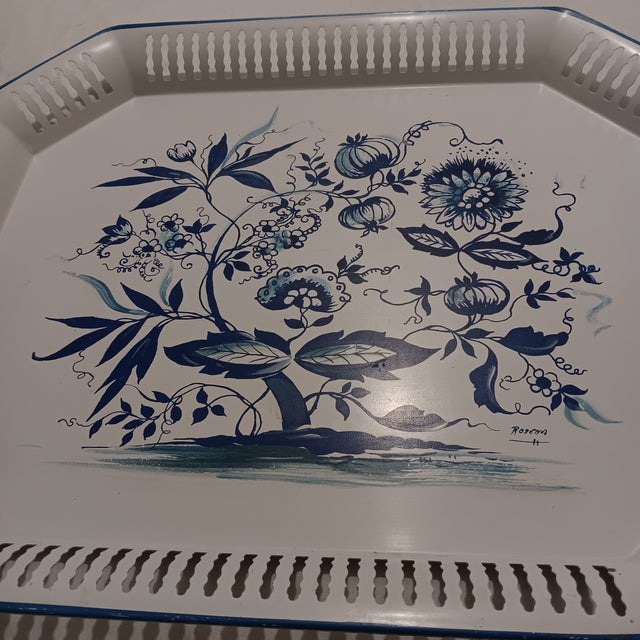 Metal Large Vintage Blue Onion Style Metal Serving Tray With Reticulated Open Handles For Sale - Image 7 of 12