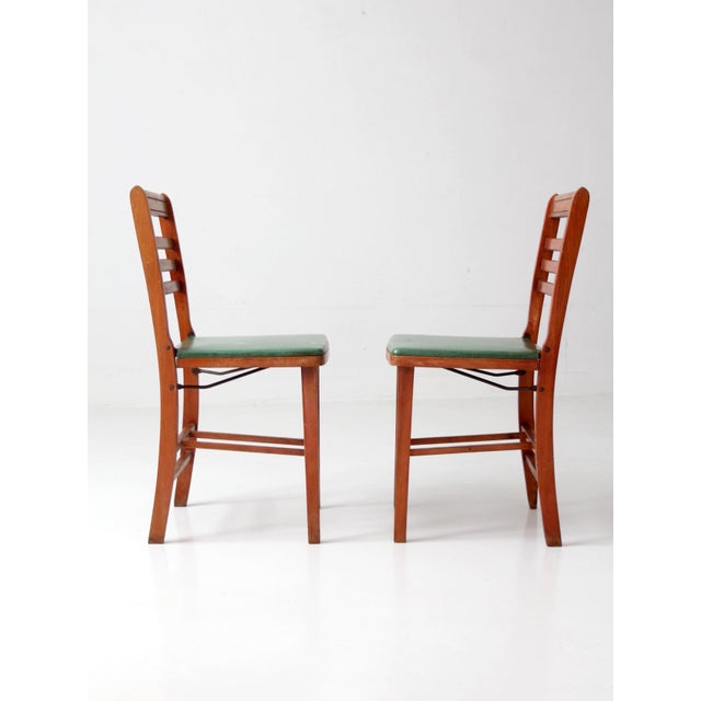 Vintage 1950s Wooden Folding Chairs With Green Upholstered Seats Pair For Sale - Image 9 of 13