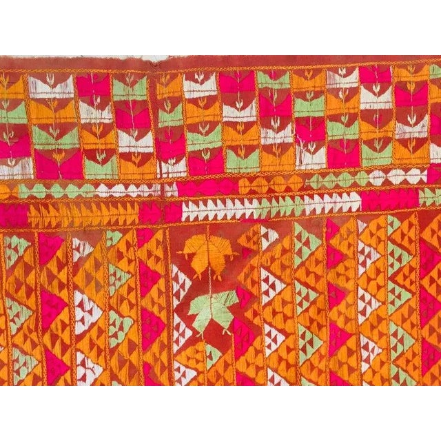 1900 - 1909 Antique Phulkari Wedding Shawl, Orange Silk Embroidery on Cotton For Sale - Image 5 of 13