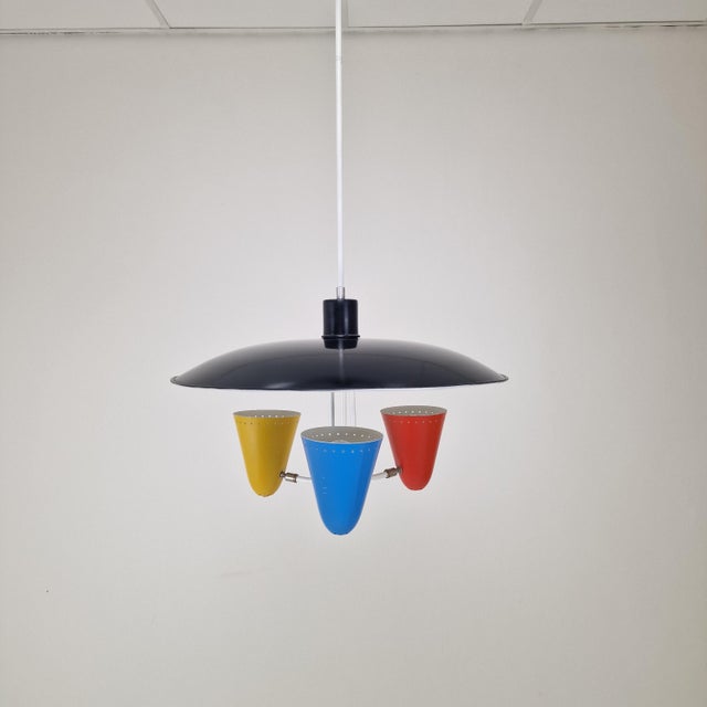 1950s Mid-Century Zonneserie Three-Light Pendant attributed to H. Busquet for Hala Zeist, 1950s For Sale - Image 5 of 16