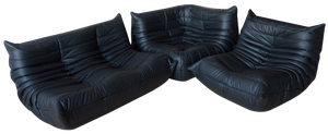 Black Leather Togo Corner Seat, Lounge Chair & 2-Seat Sofa by Michel Ducaroy for Ligne Roset, Set of 3