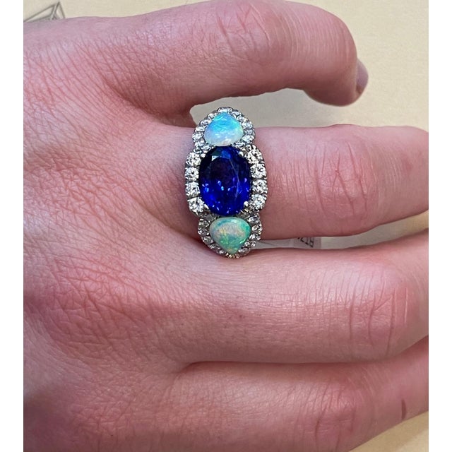 5 Carat Oval Tanzanite, Diamond and Opal Ring 14 Karat White Gold, Estate For Sale - Image 9 of 18