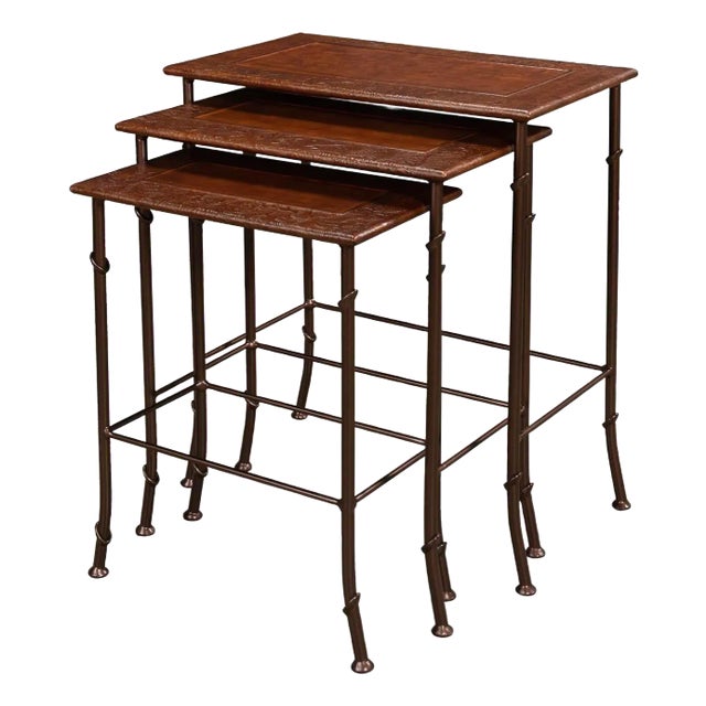 Modern Leather-Top Nesting Tables - Set of 3 For Sale