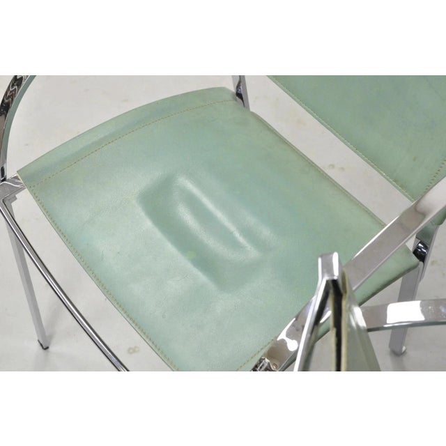 Metal Late 20th Century Italian Modern Naos Italy Teal Blue Leather Chrome "Corset" Arm Chairs - A Pair For Sale - Image 7 of 12