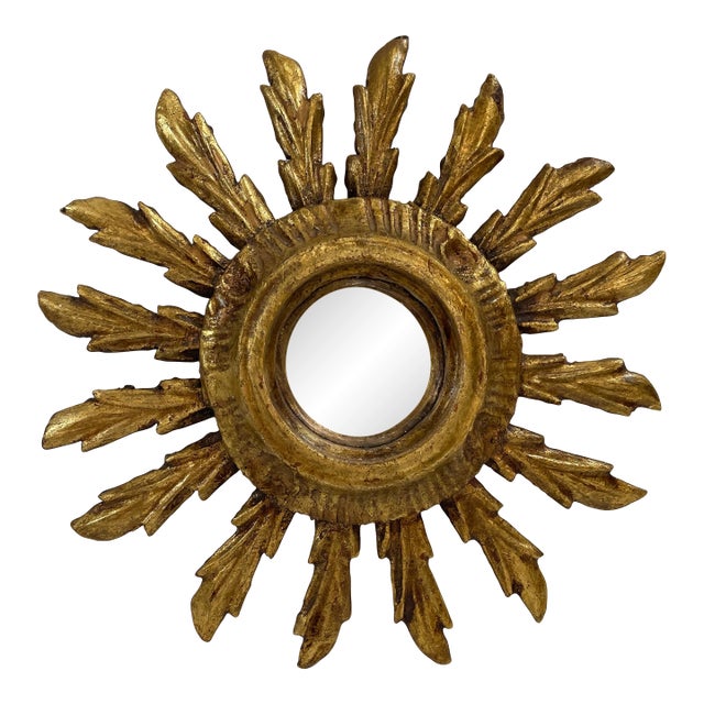 1940s French Petite 9.5" Giltwood Sunburst Convex Wall Mirror For Sale