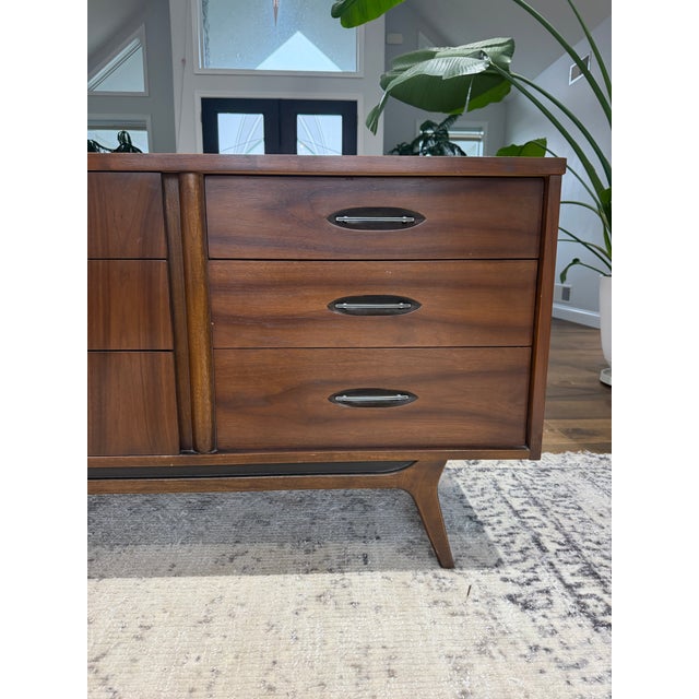 Vintage Mid-Century Modern Walnut Long Dresser With Mirror Kent Coffee Style For Sale - Image 4 of 16