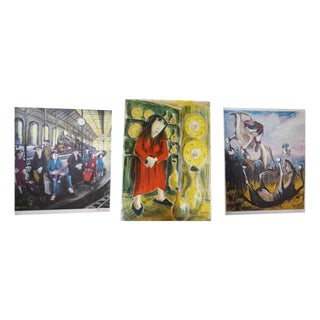 Elie Pesatori, La gare Paris, Paris Liverpool & La femme en rouge, Lithographs, 1970s-1980s, Set of 3 For Sale