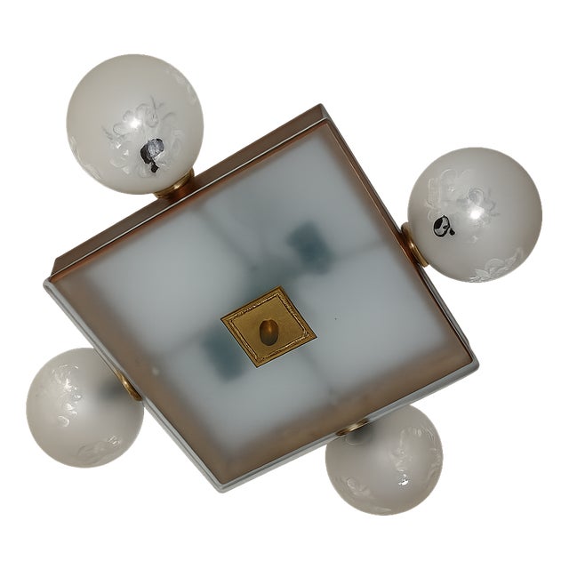 Mid-Century Ceiling Light in Brass, Wood and Frosted Glass, 1950s For Sale