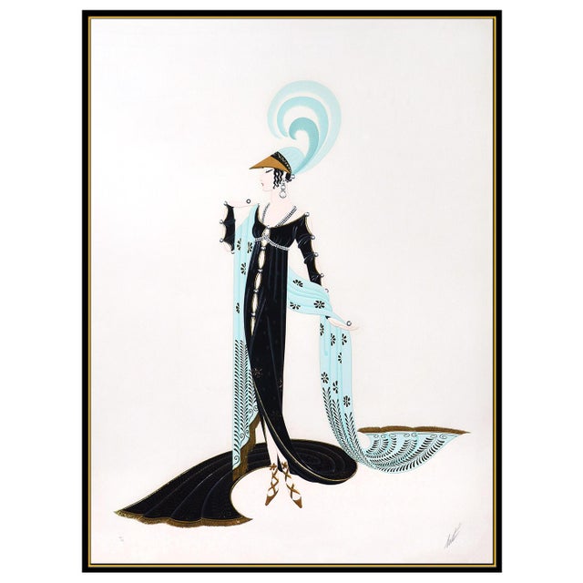 Art Deco 1986 Directoire Art Deco Sky Blue Embossed Serigraph Erté For Sale - Image 3 of 6