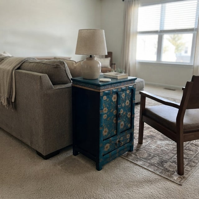 Distressed Teal Green Golden Floral Graphic Side End Table Nightstand For Sale - Image 10 of 11