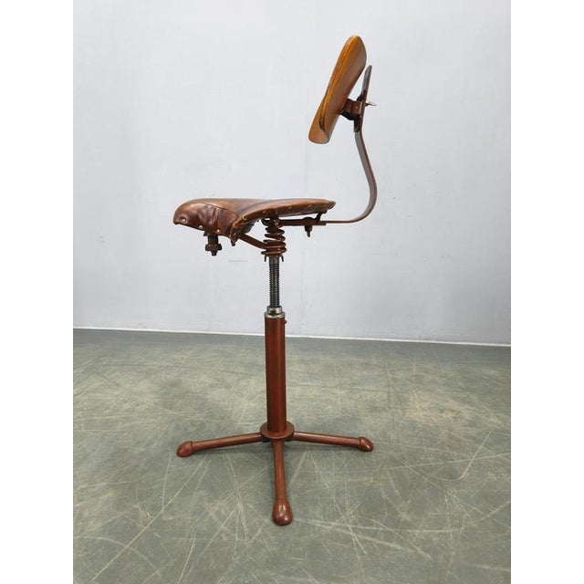 Industrial Adjustable Swivel Chair with Leather Seat, 1930s For Sale - Image 4 of 16
