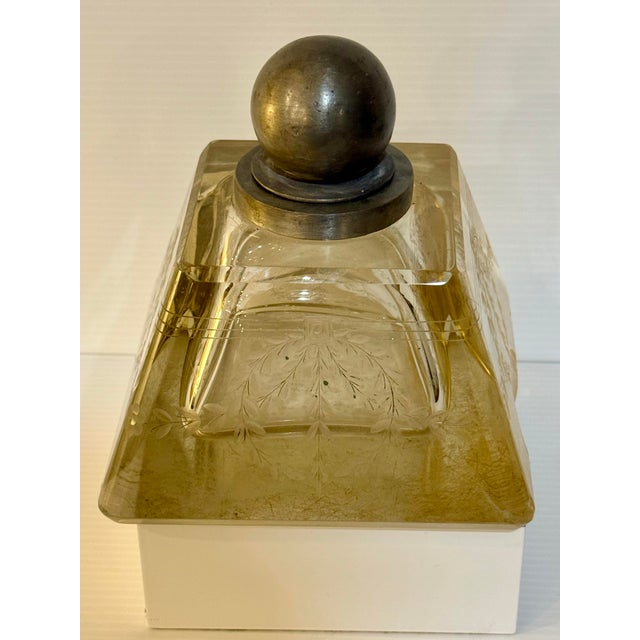 Antique Art Deco Frosted Glass Inkwell With Pewter Orb Lid For Sale - Image 9 of 12