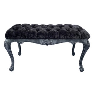 Vintage Carved Wood Crushed Velvet Tufted Bench For Sale