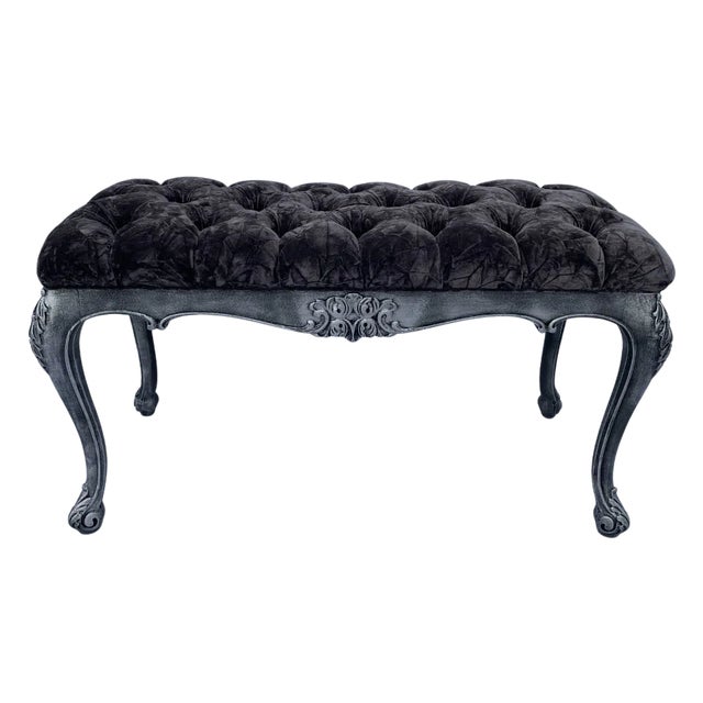 Vintage Carved Wood Crushed Velvet Tufted Bench For Sale