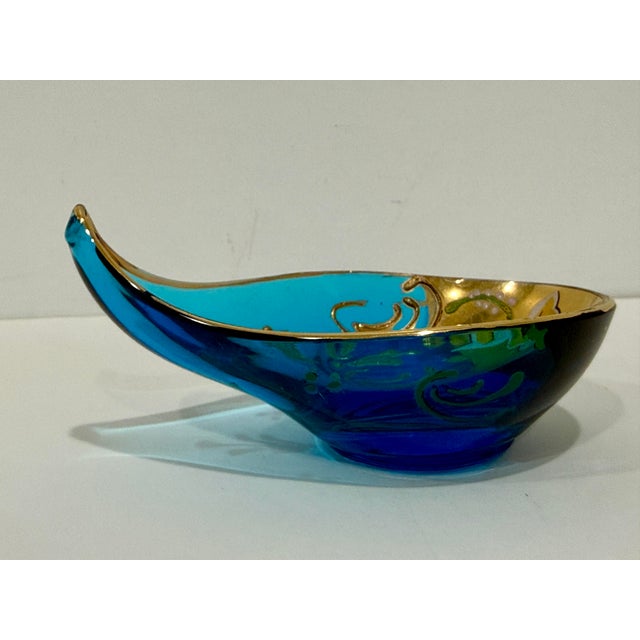 1960s Mid-Century Venetian Art Glass Teardrop Blue Tre Fuochi Handpainted Dish Italy For Sale - Image 5 of 8