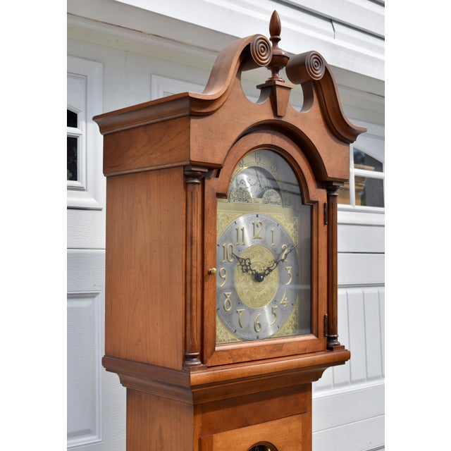 Brown Colonial Cherry Grandfather Clock Vintage Moon Dial Triple Weights Chime For Sale - Image 8 of 18