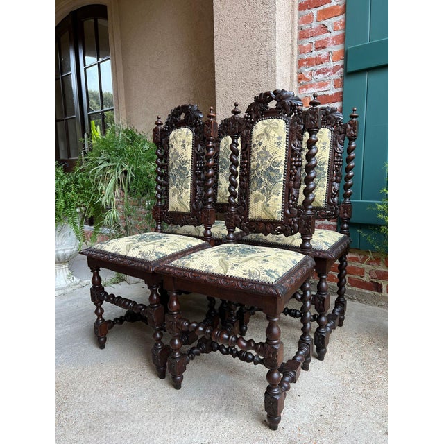 French Country Set 4 Antique French Dining Chairs Barley Twist Renaissance Carved Oak Green 1900 For Sale - Image 3 of 18
