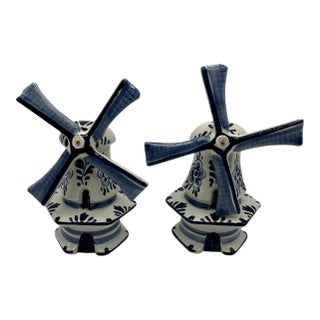 Vintage Ceramic Delft Blue and White Windmill Figurines - A Pair For Sale