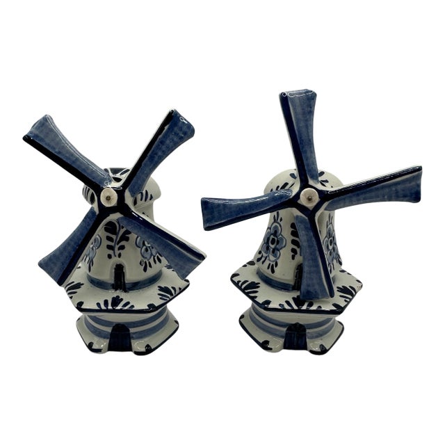 Vintage Ceramic Delft Blue and White Windmill Figurines - A Pair For Sale