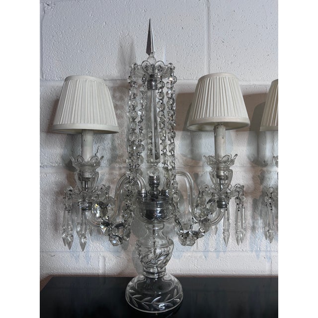 Transparent Pair of Vintage Crystal Girandoles/Chandelier Lamps For Sale - Image 8 of 12