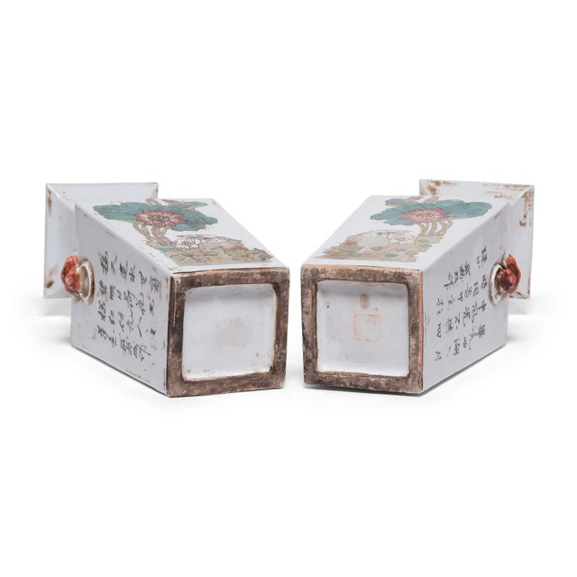 Turquoise Mid 20th Century Chinese Pair of Squared Fantail Vases With Egrets Beneath Lotus For Sale - Image 8 of 11