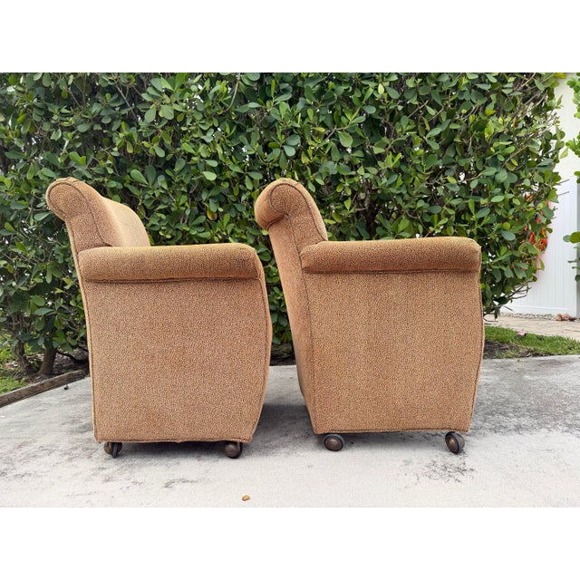 Textile Vintage Postmodern Rolled Arm Club Chairs With Brass Ball Casters, a Pair For Sale - Image 7 of 12