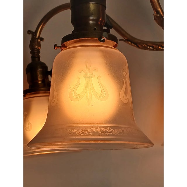 Antique Steuben Style Brass 5-Armed Chandelier For Sale - Image 12 of 16