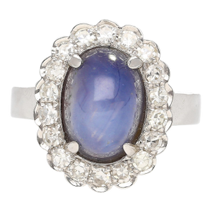 Late 20th Century 9.07 Carat Blue Star Sapphire & Diamond Halo Ring Size 6 in 18k White Gold