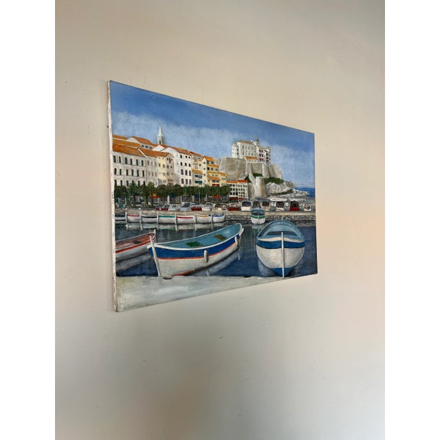 A Vintage Mid - century Italian fishing / harbor village scene, oil on canvas painting A vintage Italian harbor village /...