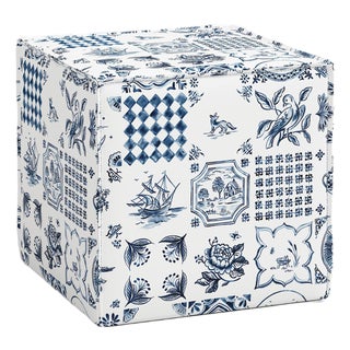 Saunders French Seam Ottoman in Delft Print For Sale