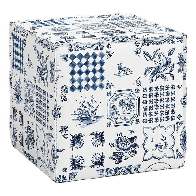 Saunders French Seam Ottoman in Delft Print For Sale