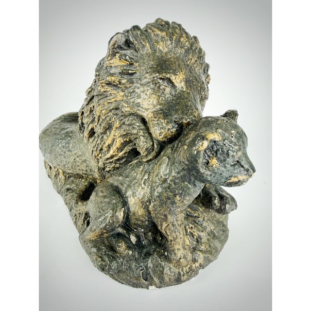 Paint Vintage Lion & Cub Sculpture | Large Bronze Finish Cast Plaster Statue | Hollywood Regency Safari Decor | Ralph Lauren Style For Sale - Image 7 of 10