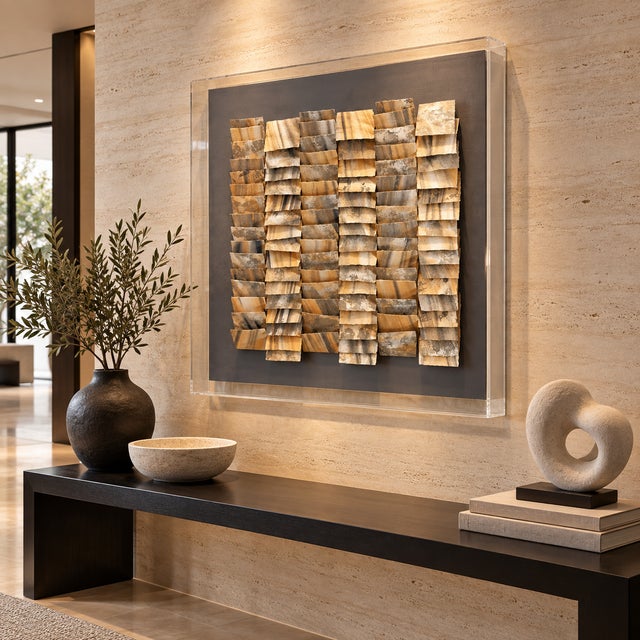 Superb Greg Copeland Mixed Media on Wood in a Heavy Lucite 3-D Box Frame Wall Art Circa 1983 Measurements: 35"T x 35"W x...
