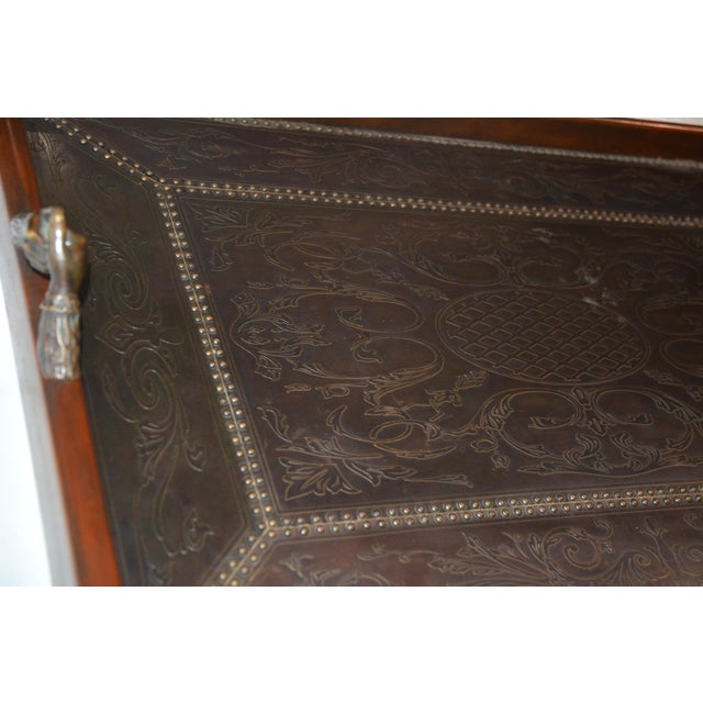 Antique-Style Mahogany Serving Tray With Bronze Lined Enbossed Bottom and Cast Bronze Handled Mounts For Sale - Image 10 of 12