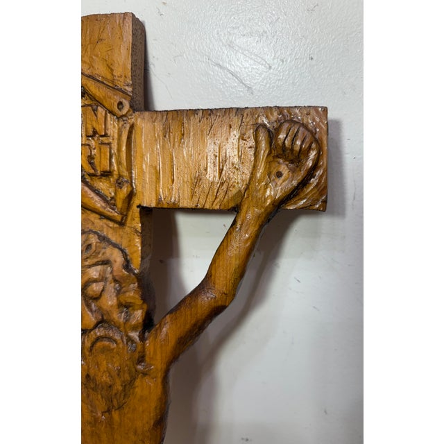 Brown Big Vintage Hand Carved Wood Folk Art Religious Jesus Crucified Cross Sculpture For Sale - Image 8 of 15