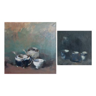 Still Lifes of Teacups and Pots, 1980s, Oil on Canvases, Set of 2 For Sale